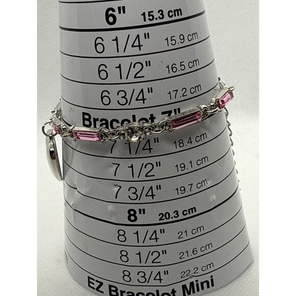Silver & Pink Rhinestone Bracelet With Heart Charm & Lobster Clasp  Adjustable - Picture 2 of 4